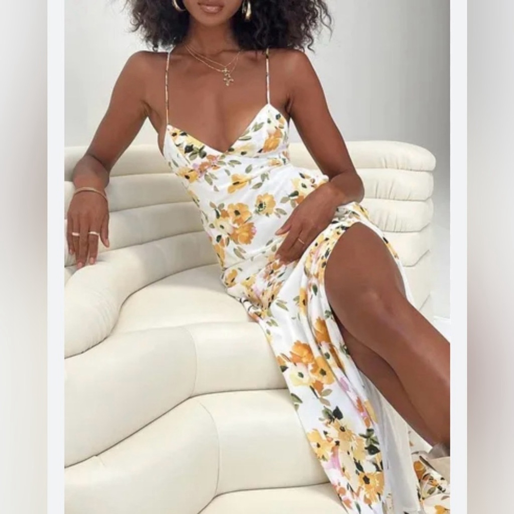 Princess Polly Yellow Floral Maxi Dress Open Back Tie Strap Slip Dress Size 2 - Picture 3 of 10